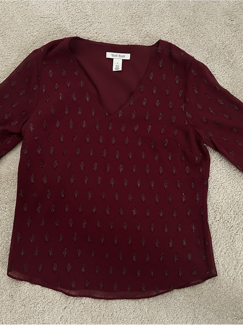 White House Black Market Women's Burgundy V-Neck Blouse with Metallic Detail.